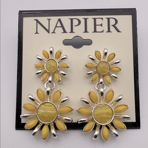 NWT Napier Florence Flower Double Drop Yellow and Silver Pierced Earrings